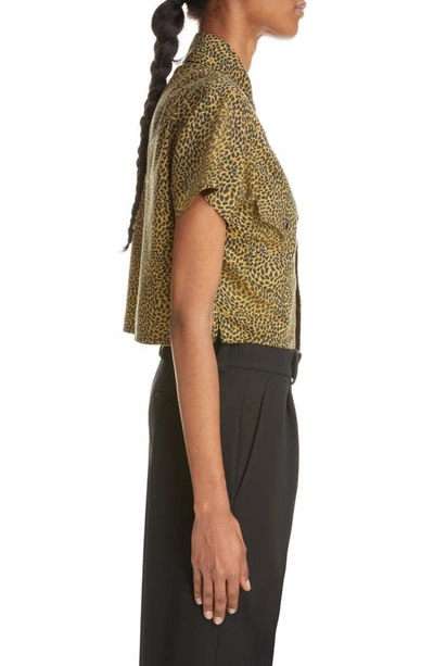 Shop Saint Laurent Warped Leopard Print Short Sleeve Crop Snap-up Shirt In Black/ Camel