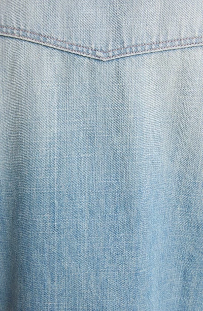 Shop Saint Laurent Short Sleeve Crop Snap-up Denim Shirt In Light Japanese Lake