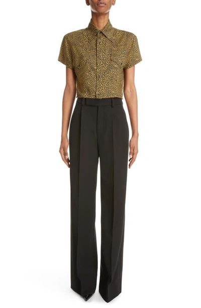 Shop Saint Laurent Warped Leopard Print Short Sleeve Crop Snap-up Shirt In Black/ Camel