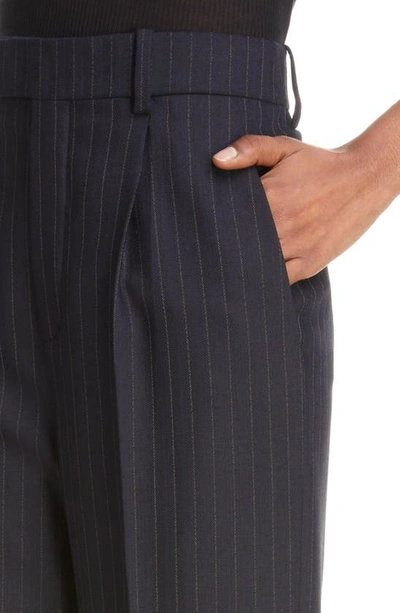 Shop Saint Laurent Pinstripe Wide Leg Wool & Cotton Pants In Marine Gris