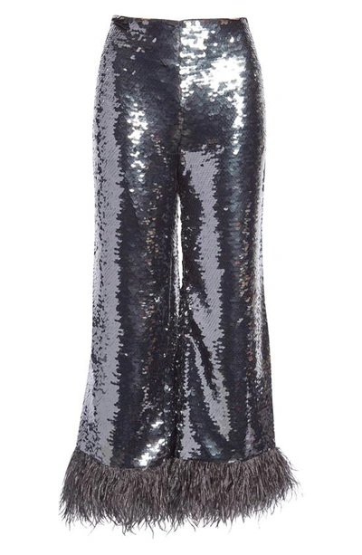 Shop Alexis Hana Wide Leg Sequin Feather Trim Pants In Black