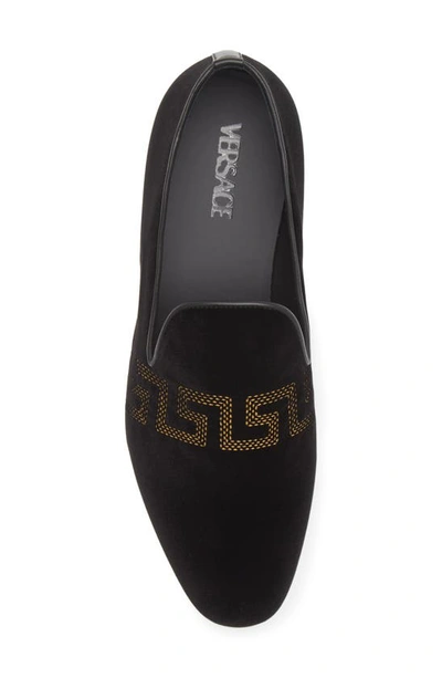 Shop Versace La Greca Embroidered Velvet Loafer In Black/ Gold
