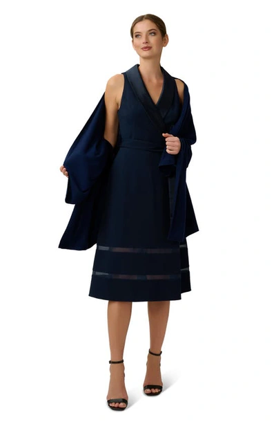 Shop Adrianna Papell Satin Trim Crepe Midi Tuxedo Dress In Midnight