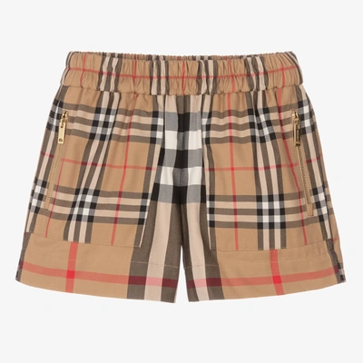 Shop Burberry Girls Beige Cotton Check Shorts