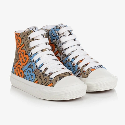 Shop Burberry Teen Beige Tb Logo High-top Trainers