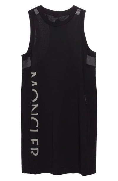Shop Moncler Logo Sleeveless Mixed Media Shift Dress In Black