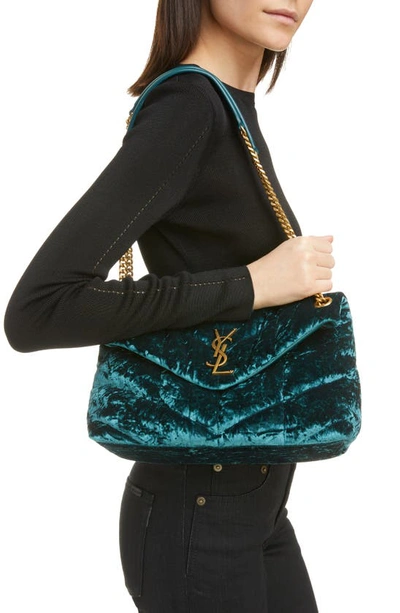 Shop Saint Laurent Small Loulou Quilted Crushed Velvet Puffer Bag In Emerald
