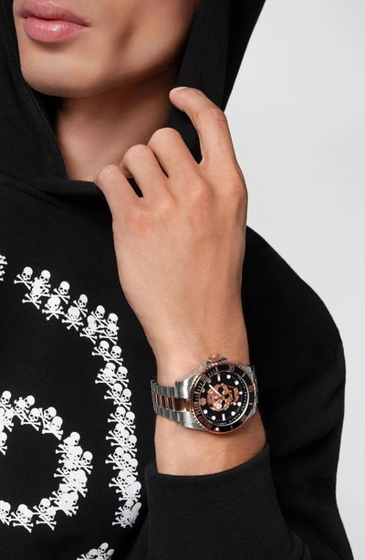 Shop Philipp Plein The $kull Carbon Fiber Dial Bracelet Watch, 44mm In Rose Gold/ Silver/ Black