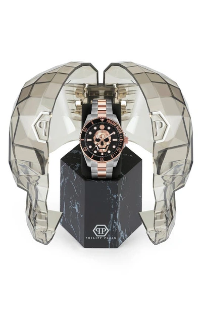 Shop Philipp Plein The $kull Carbon Fiber Dial Bracelet Watch, 44mm In Rose Gold/ Silver/ Black