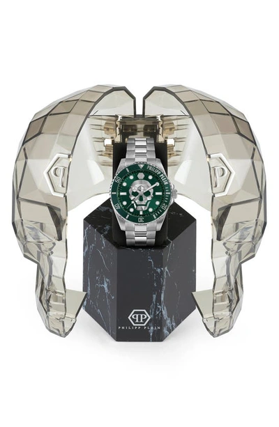 Shop Philipp Plein The $kull Carbon Fiber Dial Bracelet Watch, 44mm In Stainless Silver/ Green