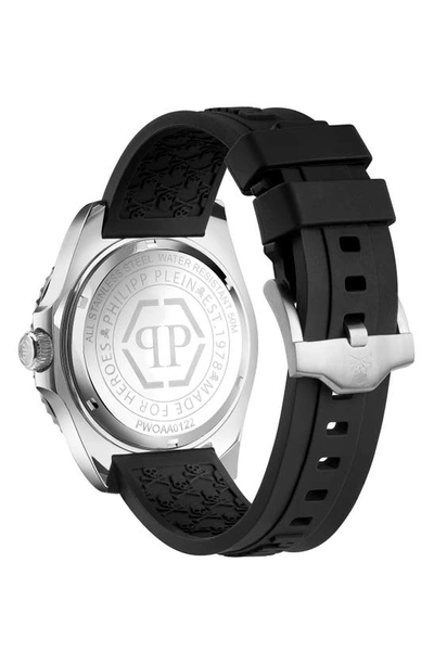 Shop Philipp Plein The $kull Carbon Fiber Dial Silicone Strap Watch, 44mm In Stainless Steel Silver