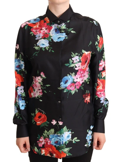 Shop Dolce & Gabbana Elegant Floral Silk-cotton Polo Women's Blouse In Black