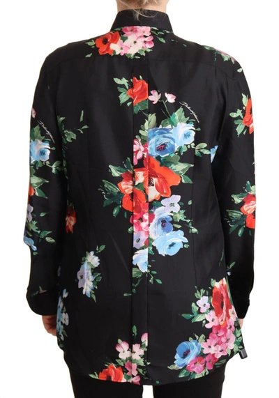 Shop Dolce & Gabbana Elegant Floral Silk-cotton Polo Women's Blouse In Black