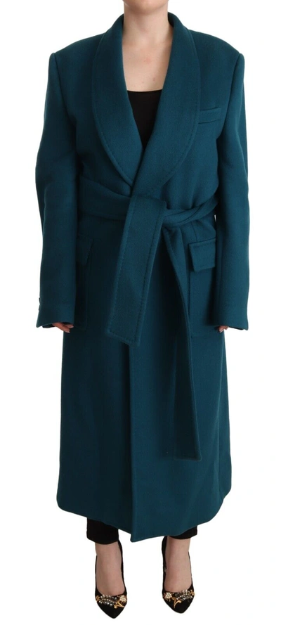 Shop Dolce & Gabbana Elegant Blue Green Wool-anogra Wrap Women's Coat