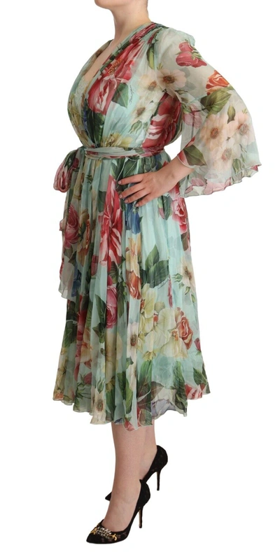 Dolce & Gabbana Crossed Chiffon Midi Dress With Floral Ombre Print In Green