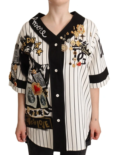 Shop Dolce & Gabbana Elegant Striped V-neck Blouse With Women's Charms In Black/white