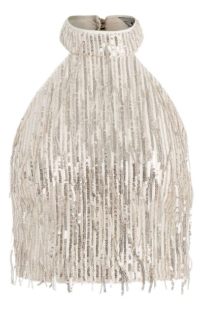 Guess Mia Sequin Fringe Halter Crop Top In Pearl Oyster Multi