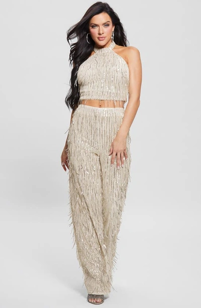 Guess Mia Sequin Fringe Halter Crop Top In Pearl Oyster Multi
