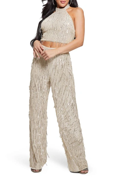 Shop Guess Heidi Sequin Fringe Wide Leg Pants In Pearl Oyster Multi