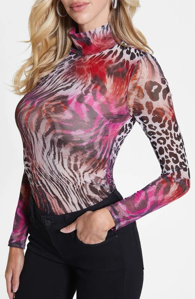 Guess Women's Long Sleeve Printed Mesh Kamaria Top In Wildcard Print