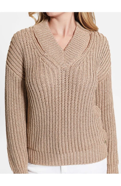 Shop Guess Lise Sparkle Cutout V-neck Sweater In Dirty Chai Lurex Multi