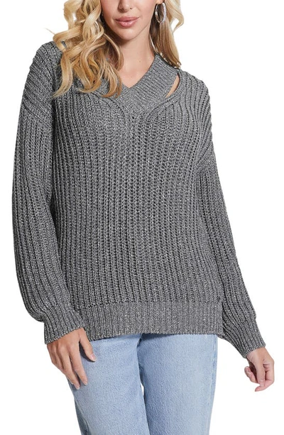 Shop Guess Lise Sparkle Cutout V-neck Sweater In Mindful Lurex Multi