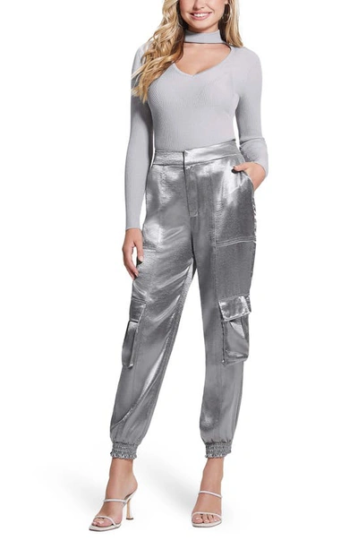 Shop Guess Soundwave Textured Satin Cargo Pants In Gunmetal Multi