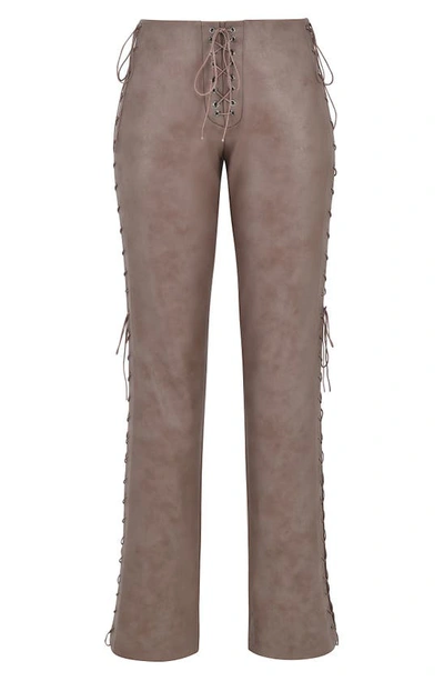 House Of Cb Lace-up Faux Leather Trousers In Cocoa