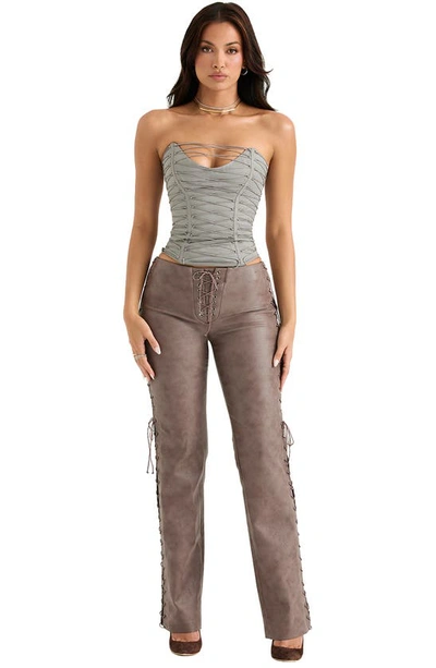 House Of Cb Lace-up Faux Leather Trousers In Cocoa