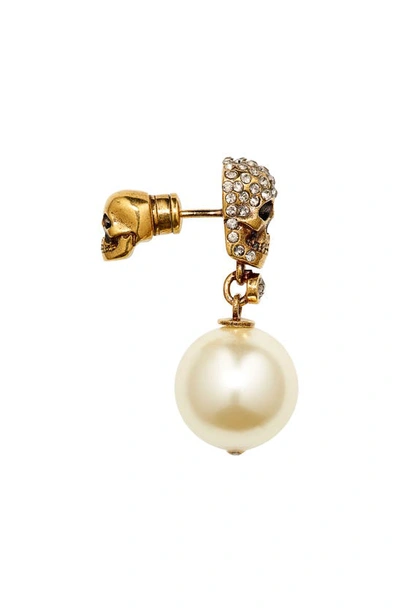 Alexander Mcqueen Swarovski Crystal Pavé Skull & Imitation Pearl Drop Earrings In 2375 Antique Gold - Pearl