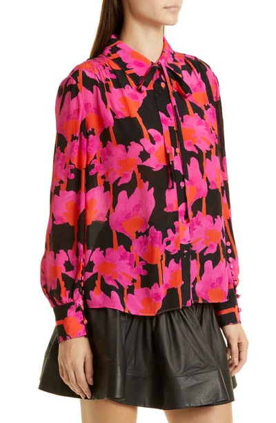 Shop Jason Wu Floral Tie Neck Chiffon Blouse In Black/ Pink Multi