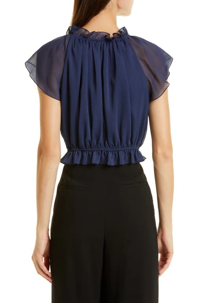 Shop Jason Wu Cropped Ruffle Crinkle Chiffon Peplum Blouse In Navy