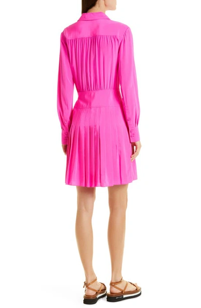 Shop Jason Wu Pleated Long Sleeve Silk Shirtdress In Fuchsia