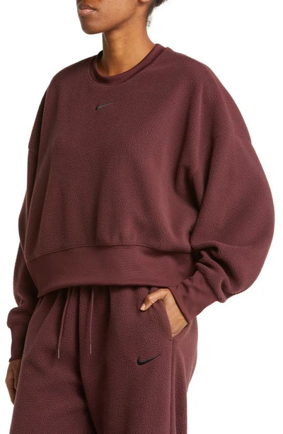 Shop Nike Oversize Fleece Crop Crewneck Sweatshirt In Burgundy Crush/ Black