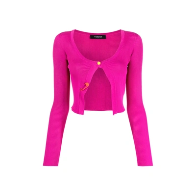 Shop Versace Cropped Cardigan In Pink