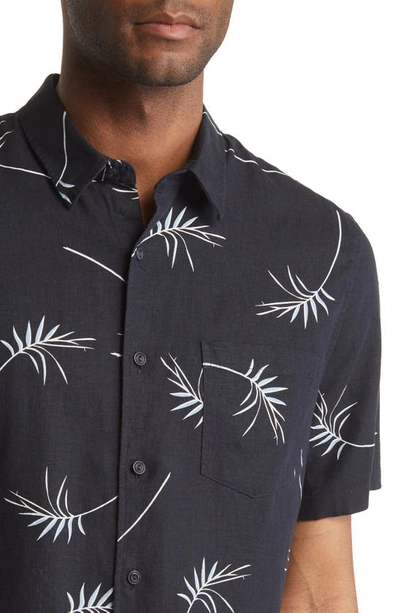 Shop Vince Willow Leaf Short Sleeve Linen Blend Button-up Shirt In Coastal