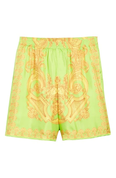 Shop Versace Barocco Print Silk Shorts In Lime/ Gold