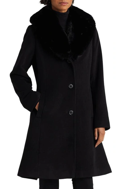 Shop Lauren Ralph Lauren Faux Fur Shawl Collar Wool Blend Coat In Black