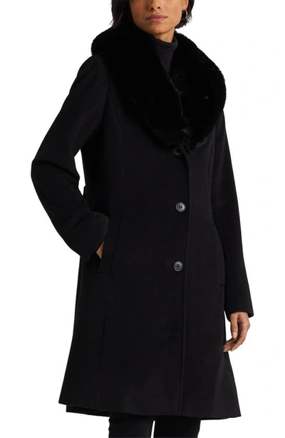 Ralph Lauren Faux Fur Shawl Collar Wool Blend Coat In Black