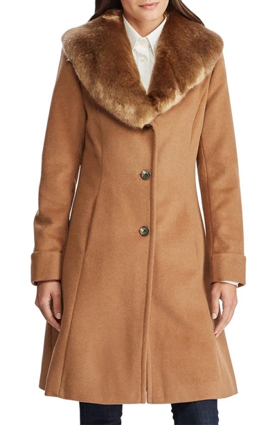 Shop Lauren Ralph Lauren Faux Fur Shawl Collar Wool Blend Coat In New Vicuna