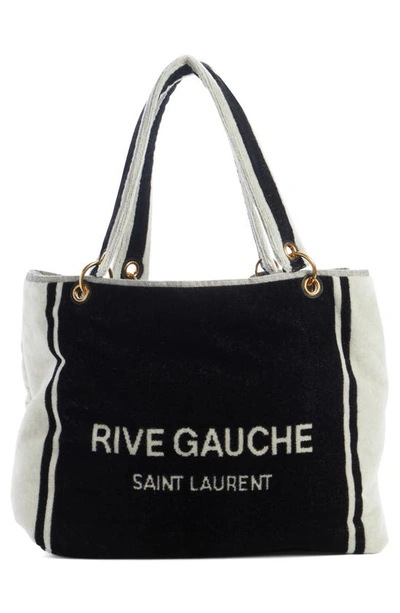 Shop Saint Laurent Rive Gauche Noe Terrycloth Towel Tote In Nero/ Bianco/ Nero