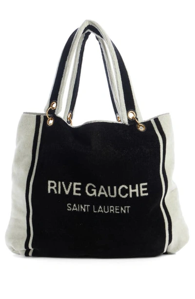 Shop Saint Laurent Rive Gauche Noe Terrycloth Towel Tote In Nero/ Bianco/ Nero