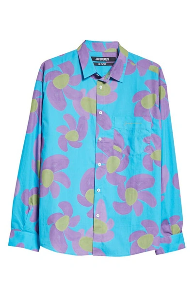 Shop Jacquemus La Chemise Simon Painted Floral Print Button-up Shirt In Print Purple Flowers 6ae