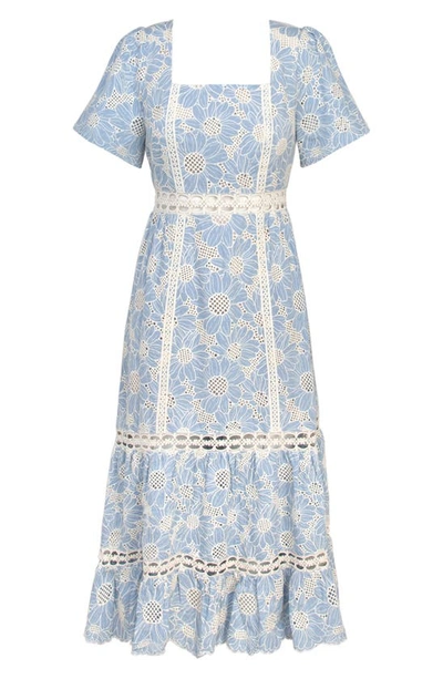 Shop Adelyn Rae Hilda Embroidered Cotton Midi Dress In Blue Chambray