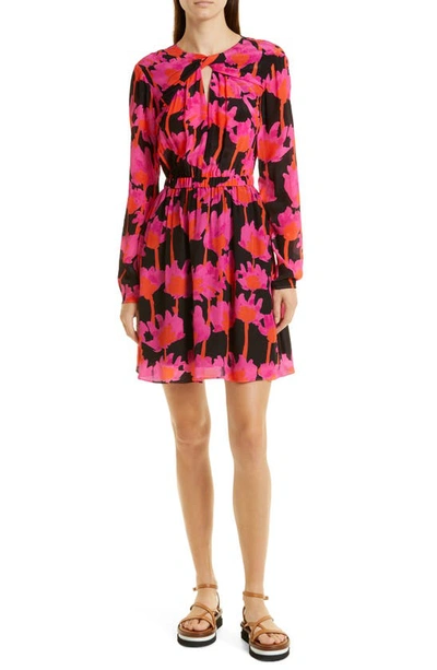 Shop Jason Wu Floral Long Sleeve Twist Front Minidress In Black/ Pink Multi
