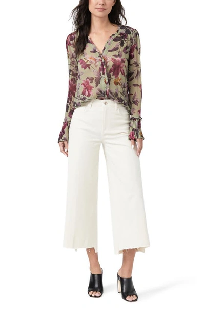 Shop Paige Palma Floral Print Pleated Cuff Silk Button-up Blouse In Brushed Olive/ Raspberry Mouse