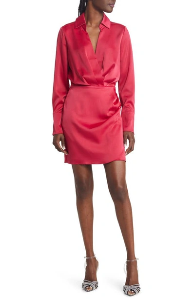 Shop Charles Henry Long Sleeve Satin Faux Wrap Minidress In Hot Pink
