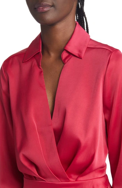 Shop Charles Henry Long Sleeve Satin Faux Wrap Minidress In Hot Pink