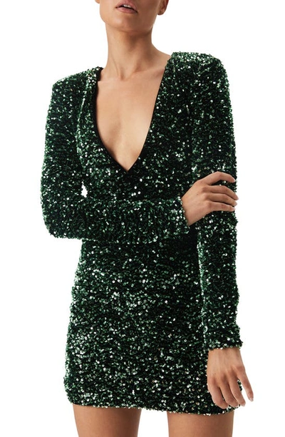 Shop Bardot Lilia Sequin Open Back Long Sleeve Minidress In Vivid Green