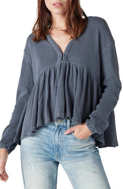 Shop Lucky Brand Waffle Knit High-low Cotton Top In Ebony